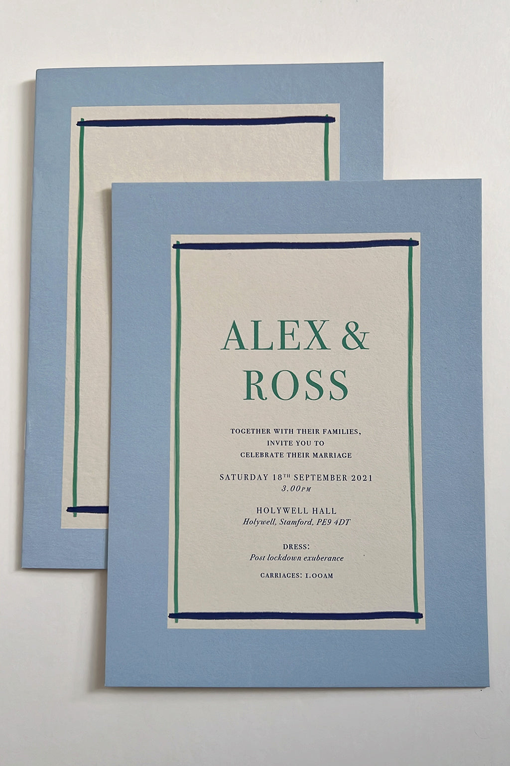 Blue and green wedding invitation