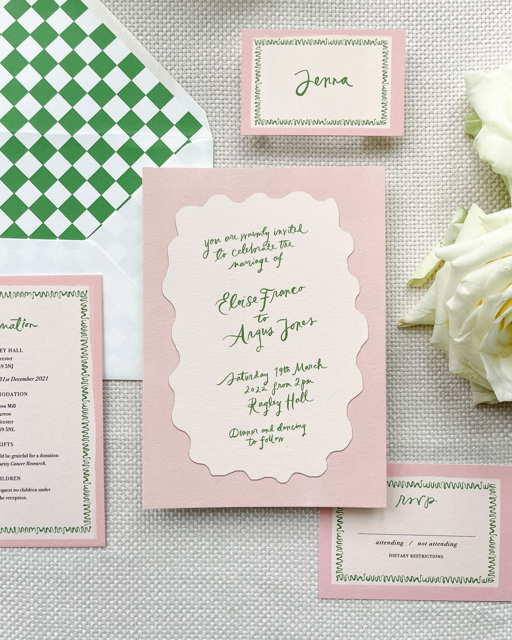 Pink green wedding stationery suite