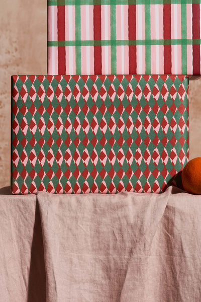 Close up of red and green diamond wrapping paper